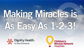 Children's Miracle Network graphic with blue sky and white clouds